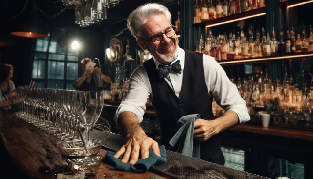 Bartender keeping the bar clean.
